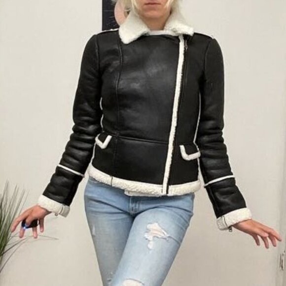 Y2K Denny Rose Leather Full Zip Moto Jacket Zip Sleeve Size S Black/White - Picture 1 of 15